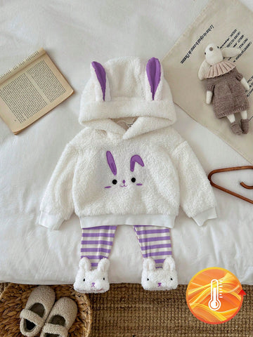 Baby Girls Cartoon Animal Dog Embroidered Hooded Fluffy Sweatshirt & Pants