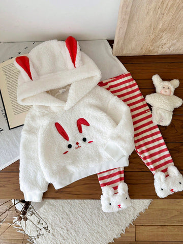 Baby Girls Cartoon Animal Dog Embroidered Hooded Fluffy Sweatshirt & Pants