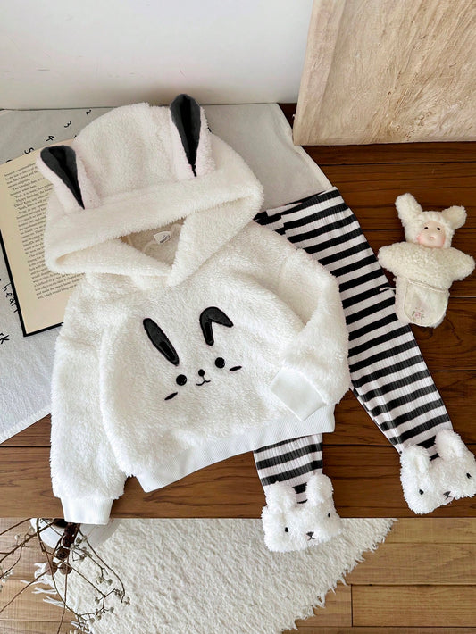 Baby Girls Cartoon Animal Dog Embroidered Hooded Fluffy Sweatshirt & Pants