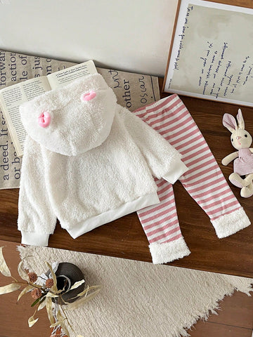 Baby Girls Cartoon Animal Dog Embroidered Hooded Fluffy Sweatshirt & Pants