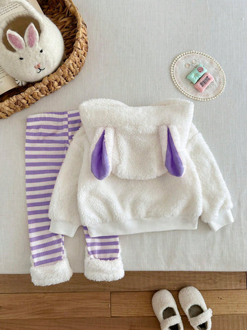 Baby Girls Cartoon Animal Dog Embroidered Hooded Fluffy Sweatshirt & Pants