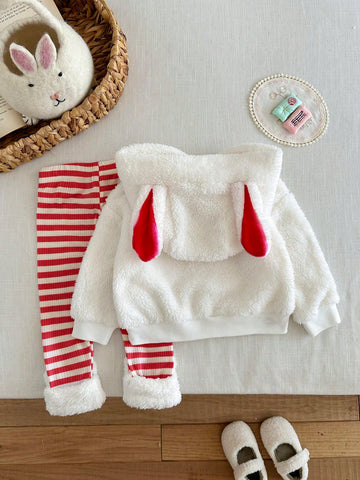 Baby Girls Cartoon Animal Dog Embroidered Hooded Fluffy Sweatshirt & Pants