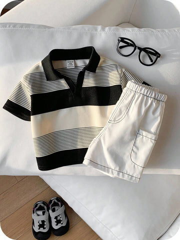 2pcs Baby Boy Casual Striped Polo Shirt And White Shorts Set