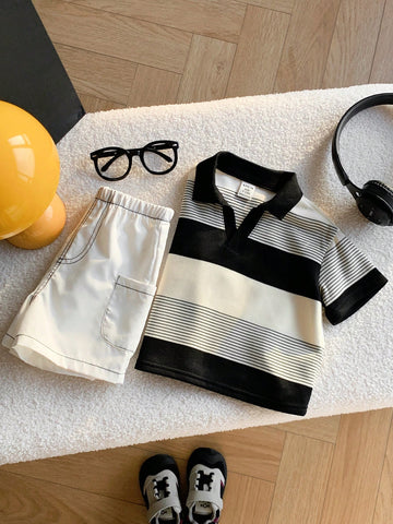 2pcs Baby Boy Casual Striped Polo Shirt And White Shorts Set
