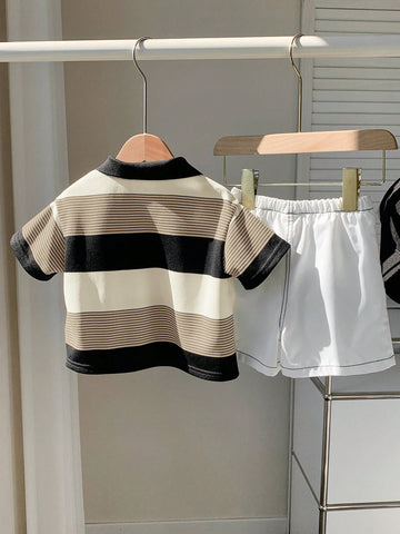 2pcs Baby Boy Casual Striped Polo Shirt And White Shorts Set