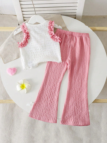 Young Girl Flower Decor Patchwork Ruffle Hem Camisole And Flared Pants Cute Set