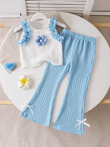 Young Girl Flower Decor Patchwork Ruffle Hem Camisole And Flared Pants Cute Set