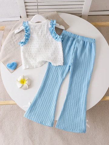 Young Girl Flower Decor Patchwork Ruffle Hem Camisole And Flared Pants Cute Set