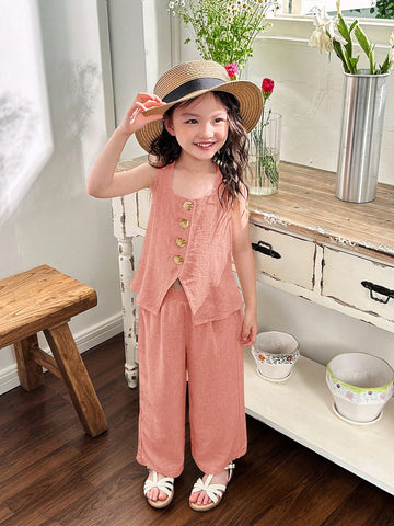 Young Girl Woven Solid Color Square Neck Sleeveless Top & Wide Leg Pants