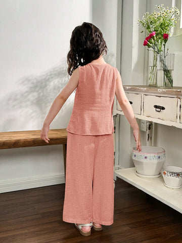 Young Girl Woven Solid Color Square Neck Sleeveless Top & Wide Leg Pants