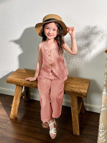 Young Girl Woven Solid Color Square Neck Sleeveless Top & Wide Leg Pants