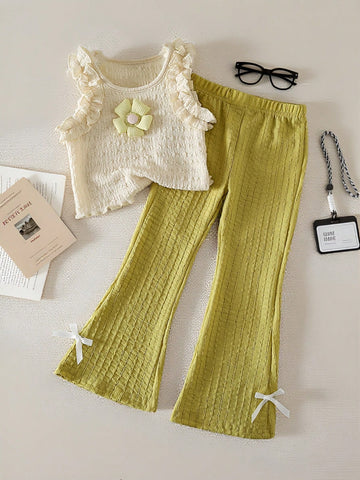 Young Girl Flower Decor Patchwork Ruffle Hem Camisole And Flared Pants Cute Set