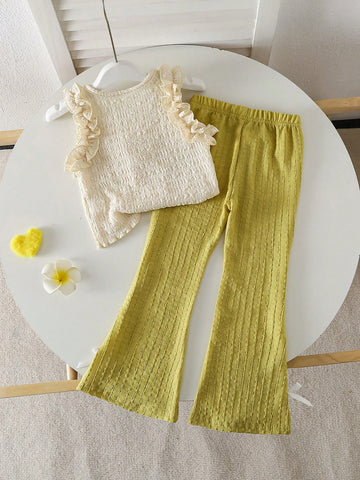 Young Girl Flower Decor Patchwork Ruffle Hem Camisole And Flared Pants Cute Set