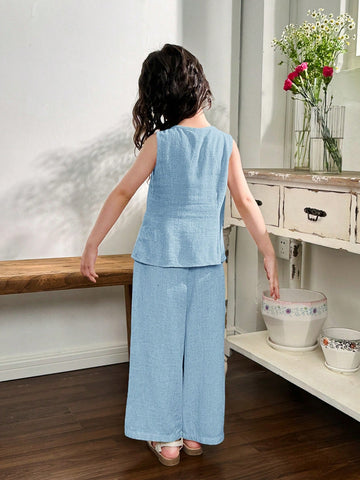 Young Girl Woven Solid Color Square Neck Sleeveless Top & Wide Leg Pants