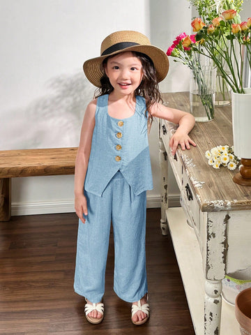 Young Girl Woven Solid Color Square Neck Sleeveless Top & Wide Leg Pants