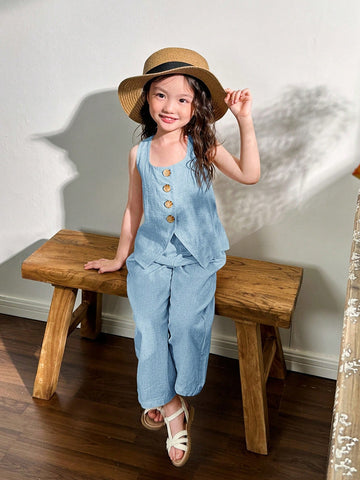 Young Girl Woven Solid Color Square Neck Sleeveless Top & Wide Leg Pants
