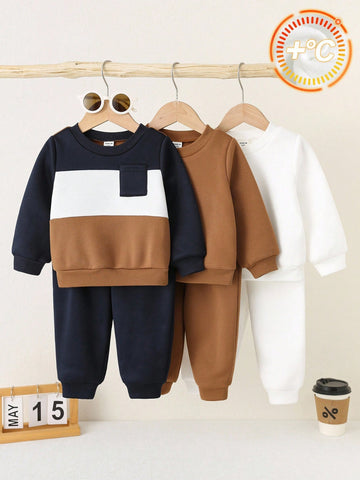 6pcs Baby Boy Knitted Solid Striped Casual Sweatshirt And Pants Set
