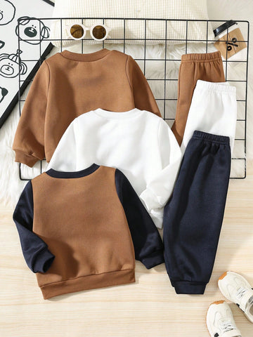 6pcs Baby Boy Knitted Solid Striped Casual Sweatshirt And Pants Set