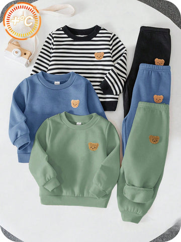 6pcs Baby Boy Knitted Solid Striped Casual Sweatshirt And Pants Set
