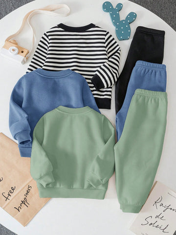6pcs Baby Boy Knitted Solid Striped Casual Sweatshirt And Pants Set
