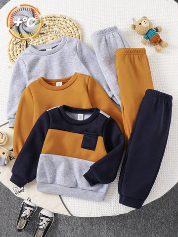 6pcs Baby Boy Knitted Solid Striped Casual Sweatshirt And Pants Set