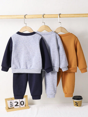6pcs Baby Boy Knitted Solid Striped Casual Sweatshirt And Pants Set