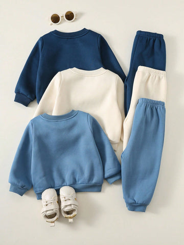 6pcs Baby Boy Knitted Solid Striped Casual Sweatshirt And Pants Set