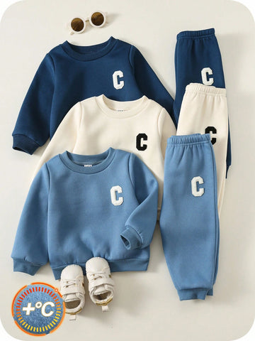 6pcs Baby Boy Knitted Solid Striped Casual Sweatshirt And Pants Set