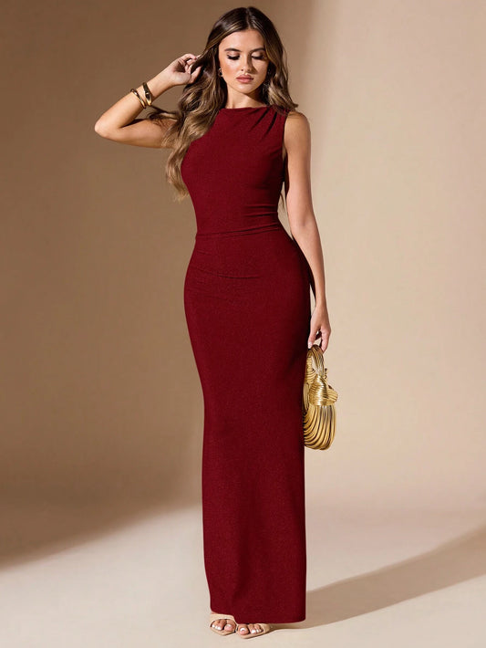 BAE Bean Green Ruched Fitted Long Dress