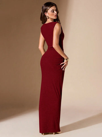 BAE Bean Green Ruched Fitted Long Dress