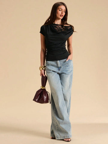 Women's Asymmetric Lace Patchwork Sheer Fitted Blouse