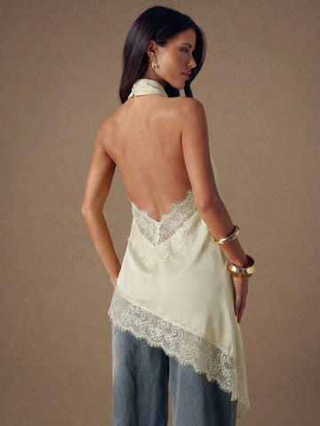 Asymmetrical Hem Lace Patchwork Elegant Halter Neck Top