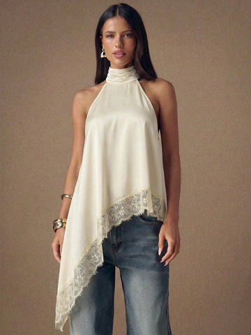Asymmetrical Hem Lace Patchwork Elegant Halter Neck Top