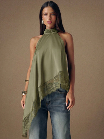 Asymmetrical Hem Lace Patchwork Elegant Halter Neck Top