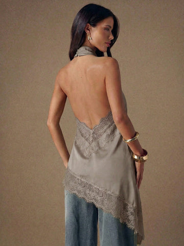 Asymmetrical Hem Lace Patchwork Elegant Halter Neck Top