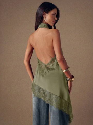 Asymmetrical Hem Lace Patchwork Elegant Halter Neck Top