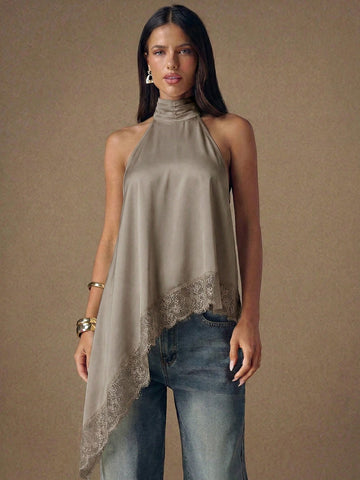 Asymmetrical Hem Lace Patchwork Elegant Halter Neck Top