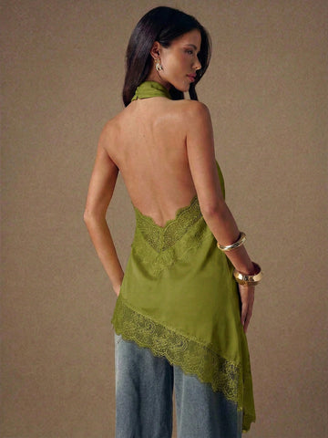 Asymmetrical Hem Lace Patchwork Elegant Halter Neck Top
