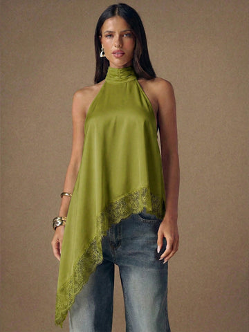 Asymmetrical Hem Lace Patchwork Elegant Halter Neck Top