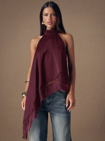 Asymmetrical Hem Lace Patchwork Elegant Halter Neck Top