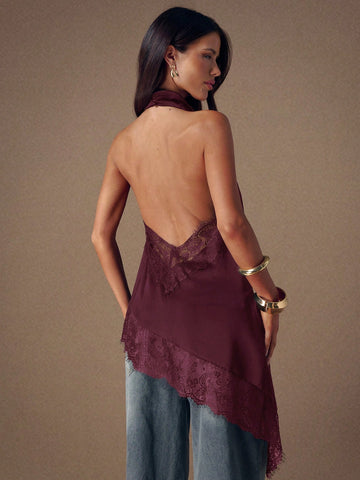 Asymmetrical Hem Lace Patchwork Elegant Halter Neck Top