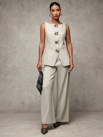 Fashionable Commuter Vest With 3D Floral Decor & Pants Set