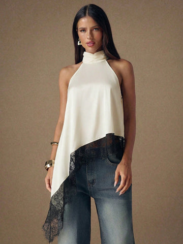 Asymmetrical Hem Lace Patchwork Elegant Halter Neck Top