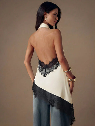 Asymmetrical Hem Lace Patchwork Elegant Halter Neck Top