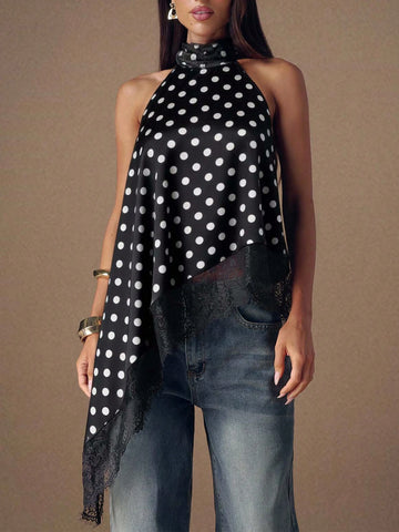 Asymmetrical Hem Lace Patchwork Elegant Halter Neck Top
