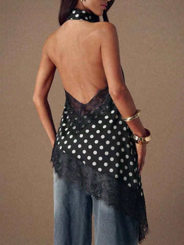 Asymmetrical Hem Lace Patchwork Elegant Halter Neck Top