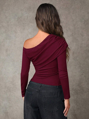 Women Casual Asymmetrical Collar Fitted Long Sleeve T-Shirt