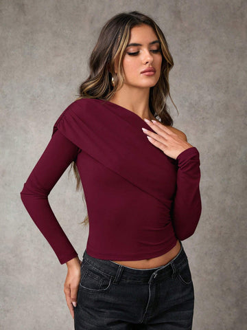 Women Casual Asymmetrical Collar Fitted Long Sleeve T-Shirt