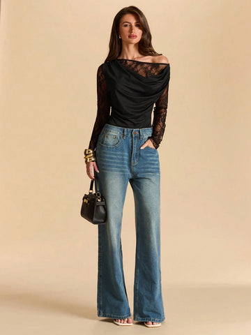 Women's Asymmetric Lace Patchwork Sheer Bodysuit