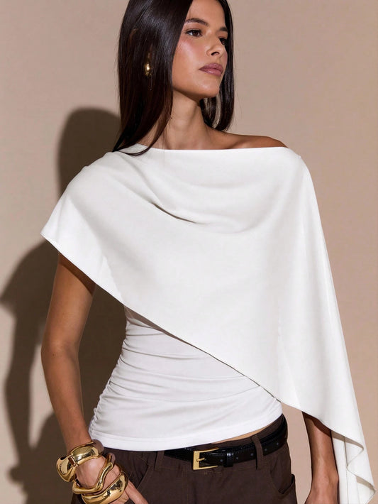 Women's Asymmetric Shoulder Ruched Neck Tie Knit Top